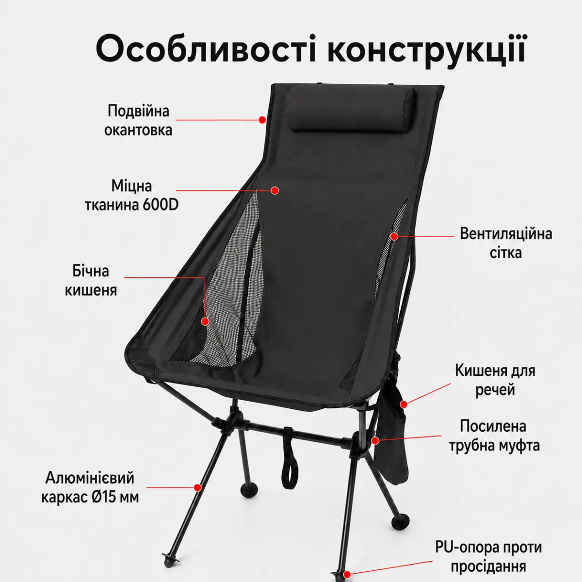 Складне туристичне крісло з високою спинкою та підголівником для кемпінгу і риболовлі - Зображення 3